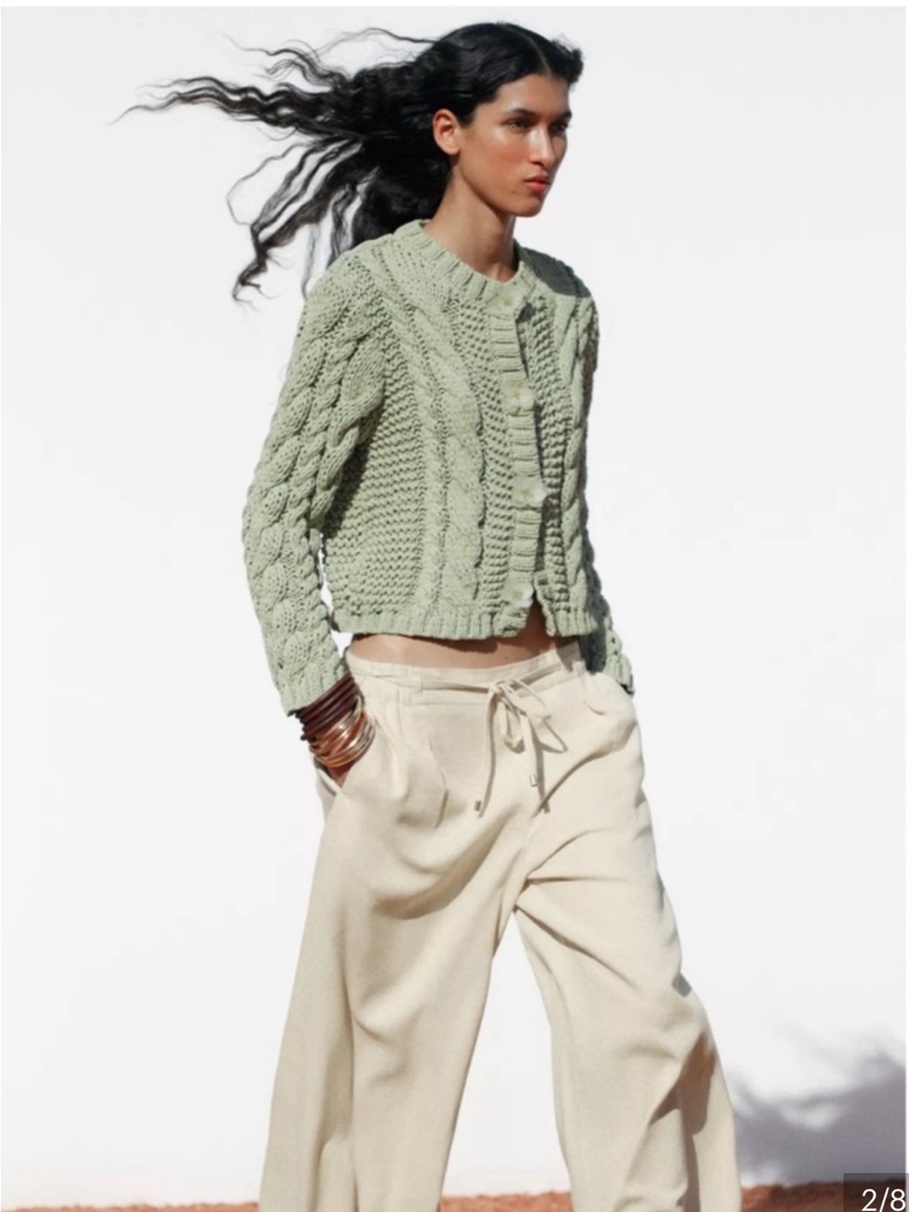 Zara Light Sage Green Cable Knit Cropped Cardigan - Picture 2 of 12